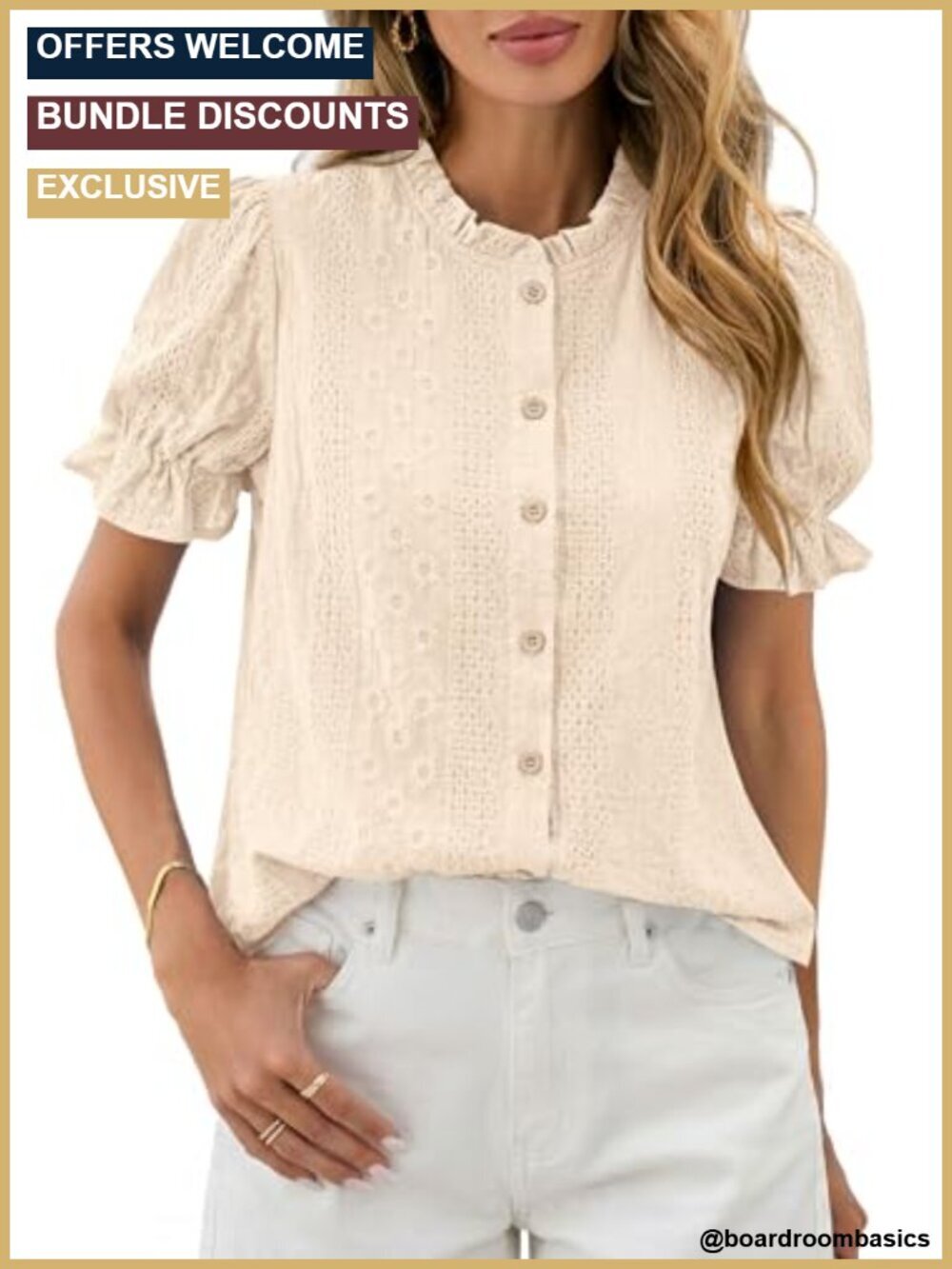Embroidered Puff Short Sleeve Top, Floral Boho Button Down Blouse, Ruffle Collar